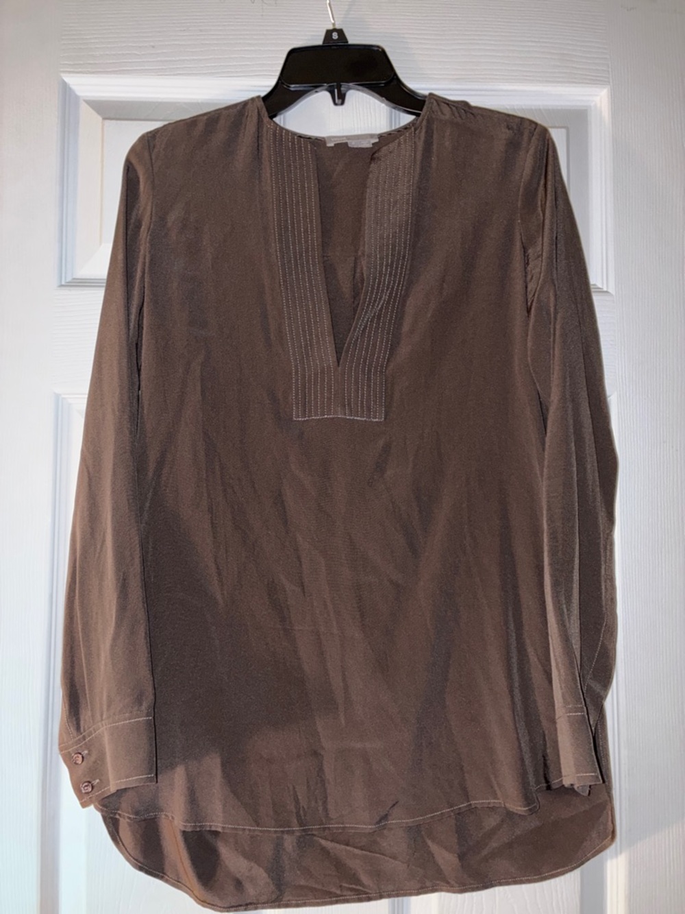Vince Womens Brown Long Sleeve Split Neck Silk Tunic Top
